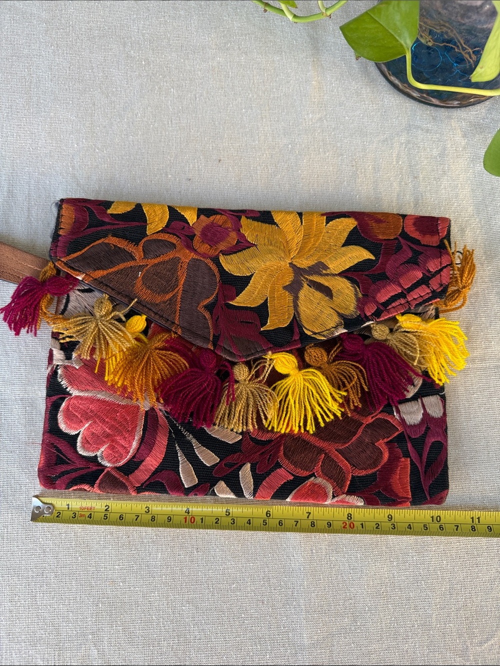 MEXICANA Embroidered Floral Tassel Clutch - Yellow, Pink & Brown